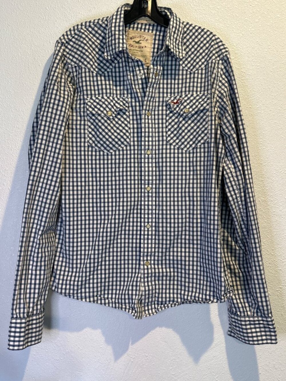 Hollister  Pearl Snap Button Down Long Sleeve Blue/White Plaid Men's LARGE Y2K
